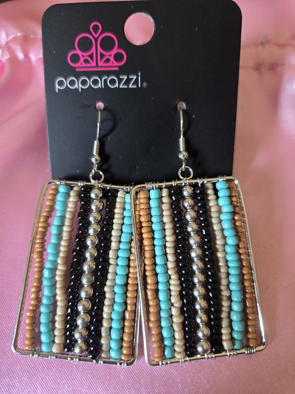 paparazzi Turquoise, Black, Cream & Tan Beaded Rectangle Drop Earrings